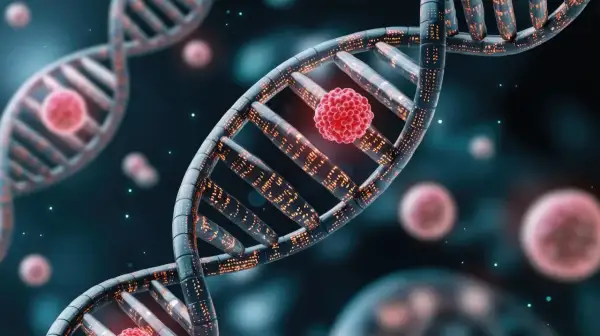 Molekularny obraz DNA z czerwoną, kulistą strukturą, sugerującą mutację lub komórkę rakową, rodzi pytanie: czy rak jest dziedziczny?