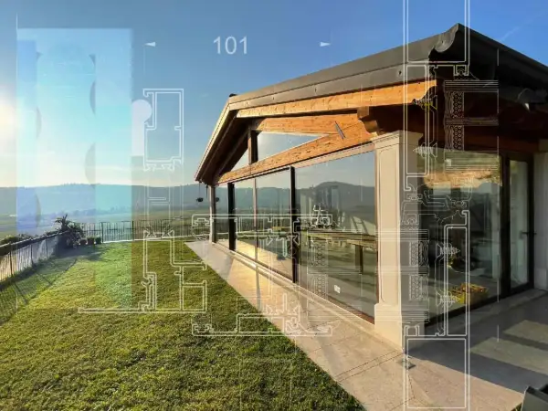 Progetto per come abbellire una veranda aperta con ampie vetrate e vista panoramica.