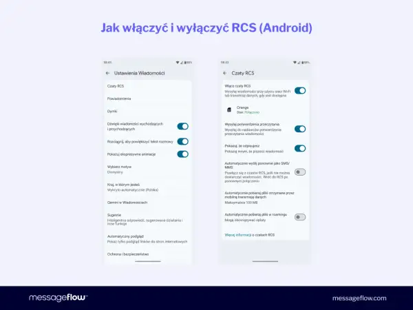 Ustawienia czatów RCS na Androidzie: włączanie i wyłączanie funkcji, potwierdzenia odczytu, wysyłanie jako SMS/MMS.