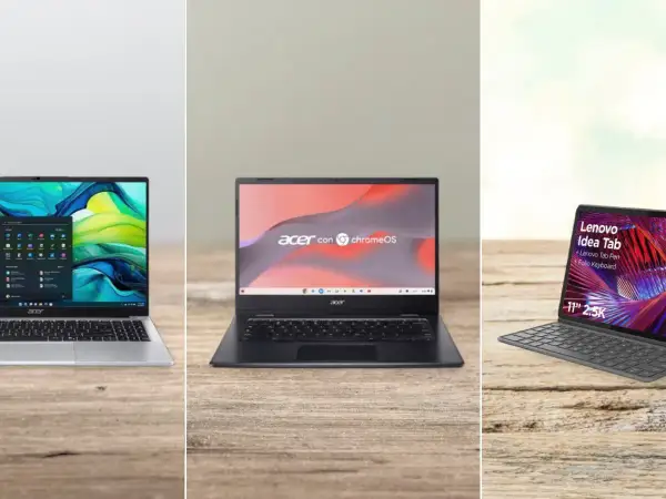 Comparativa: Chromebook vs Windows. Tres dispositivos: un portátil con Windows, un Chromebook Acer y una tablet Lenovo Idea Tab con teclado.