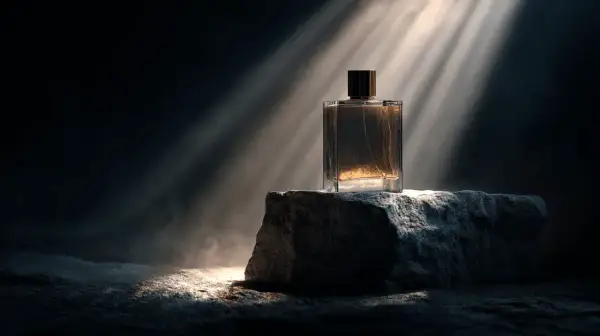 Elegancka butelka perfum na kamieniu, oświetlona promieniami słońca. Czy perfumy mają datę ważności? Ten zapach wydaje się ponadczasowy.