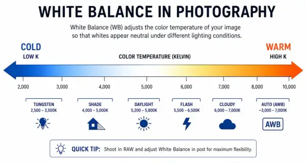 Diagram showing the Kelvin scale for white balance in photography, from cold to warm, with examples like tungsten, daylight, and cloudy.
