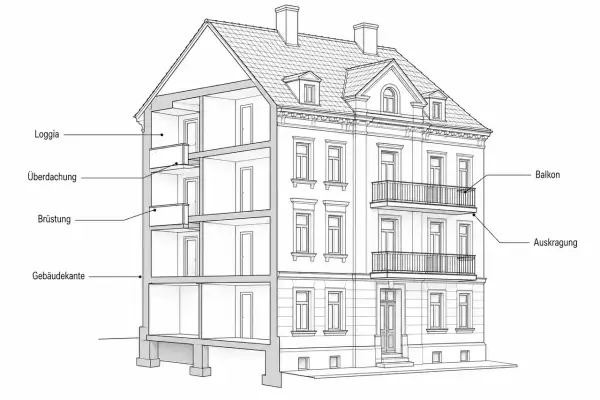 Schnittzeichnung eines Gebäudes, die zeigt, was eine Loggia ist: ein überdachter, nach vorne offener Anbau.
