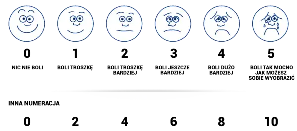 Sześć buziek na skali emocji: od uśmiechniętej po zapłakaną.