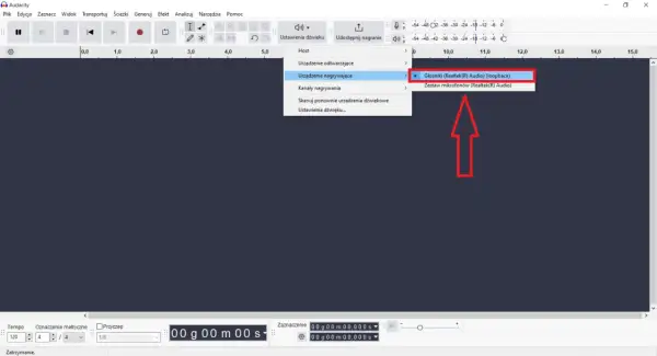 Audacity po polsku: wybór urządzenia nagrywającego - Głośniki (Realtek Audio) (loopback).