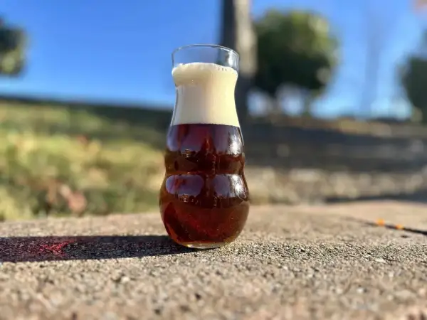 Szklanka z pianką, w środku bursztynowe piwo amber ale, odbijające domki.