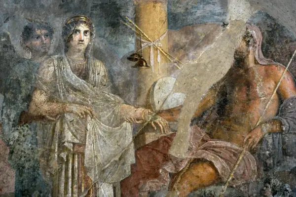 Fresque romaine : Héra, déesse du mariage et de la famille, est représentée avec un homme barbu. Un jeune homme se tient derrière elle.