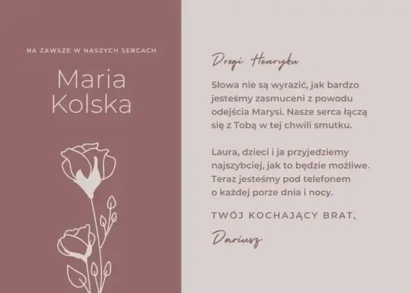Ostatnie pożegnanie Marii Kolskiej. Kondolencje dla Henryka od brata Dariusza, wyrażające smutek i wsparcie.