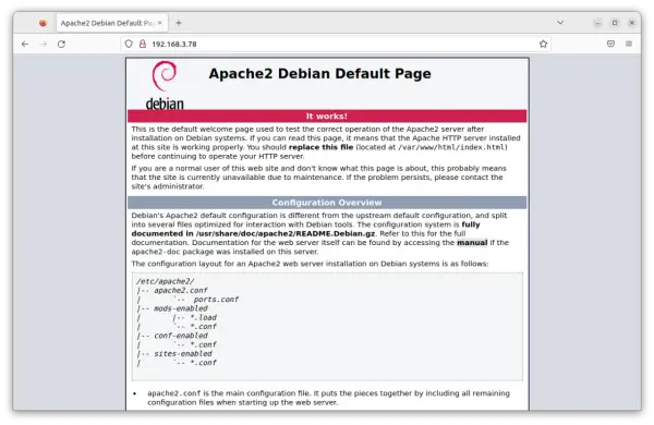 Page d'accueil par défaut d'Apache2 sur Debian, confirmant l'installation réussie. Le serveur est prêt.