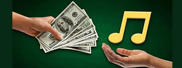 Hands exchange money for a musical note, symbolizing music funding.