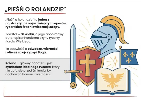Ilustracja przedstawia symbole związane z "Pieśnią o Rolandzie": hełm, tarczę z krzyżem, miecz, księgę z orłem i flagę z liliami.
