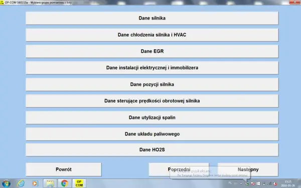 Ekran programu OP-COM do diagnostyki Opla, wyświetla listę grup pomiarowych: dane silnika, chłodzenia, EGR, instalacji elektrycznej, pozycji silnika, prędkości obrotowej, utylizacji spalin, układu paliwowego i HO2S.