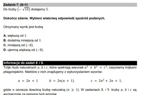 Fragment zadania z matematyki z pytaniem o liczbę i wzorami na trójki pitagorejskie.