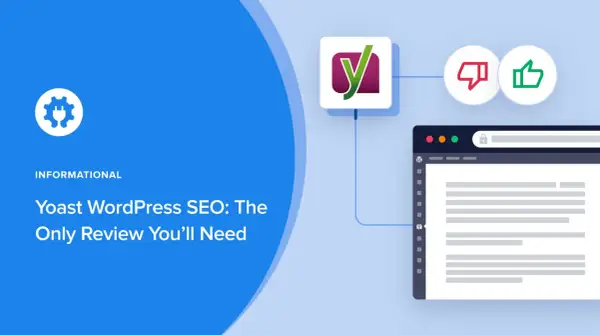 El logo de Yoast SEO aparece junto a iconos de pulgar arriba/abajo y una ventana de navegador, indicando su función para optimizar contenido.