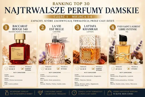 Ranking najtrwalszych perfum damskich: Baccarat Rouge 540, La Vie Est Belle, Lattafa Khamrah, YSL Libre Intense. Zapachy, które zachwycają trwałością przez cały dzień.