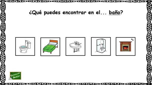 Actividades para trabajar las partes de la casa: imágenes de un inodoro, cama, lavabo, ducha y chimenea.