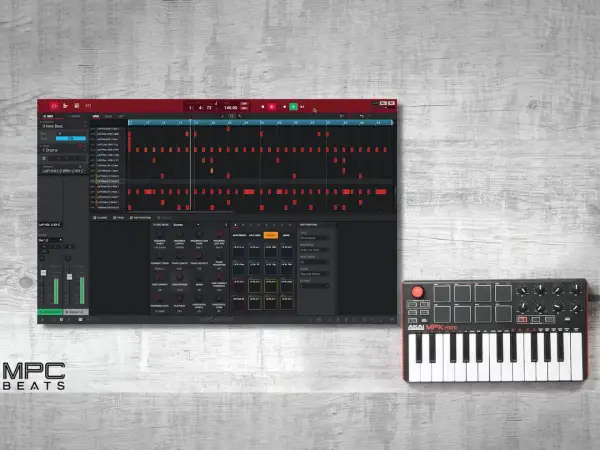 AKAI MPK mini controller and MPC Beats software on a wooden surface, ready for creating mpc beats.