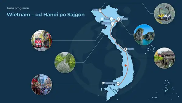 Trasa przez Wietnam w listopadzie: od Sapy po Sajgon, przez Hanoi, Ha Long, Ninh Binh i Hoi An. Widok na kolej, zatokę, rzekę i miasto.