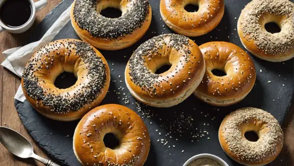 Plusieurs bagels dorés, certains parsemés de graines de sésame noires et blanches, prêts pour la cuisson.