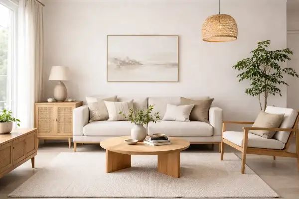Salón con sofá blanco, mesa de centro de madera y sillón, todo en una serena **decoración Japandi**.