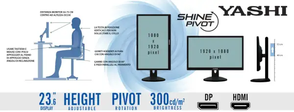 Guida ergonomica: il centro dello schermo YASHI deve essere all'altezza degli occhi, a 50-75 cm di distanza.