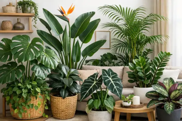 Un angolo verde con piante tropicali: Monstera, Strelitzia, Palma e altre, un vero giardino indoor.