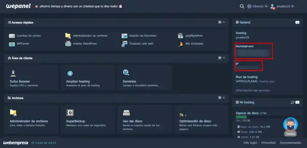 Panel de control web con opciones de hosting, dominios y archivos. Muestra la sección "Nameservers" y "IP" para configurar tu hosting.