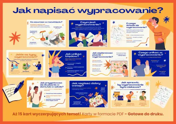 Grafika wyjaśnia, co to jest wypracowanie, jak je napisać, jakie są jego typy i czego unikać.