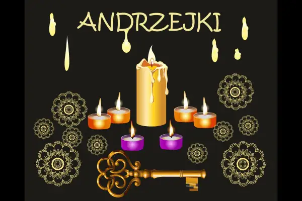 Andrzejki: płonące świece, klucz i ozdobne mandale symbolizują tajemnicę i wróżby.