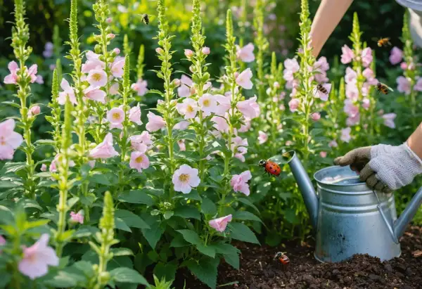 Un jardinier arrose des fleurs de hibiscus syriacus roses, tandis que des coccinelles et des abeilles butinent.