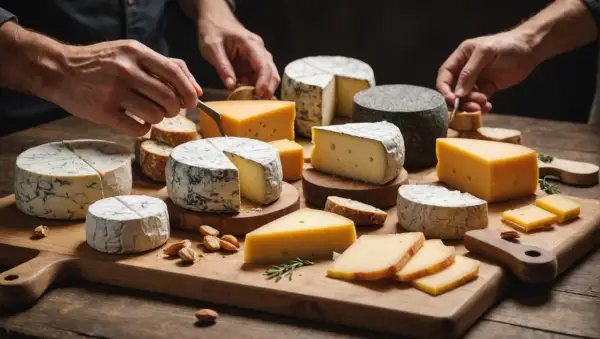 Plateau de fromages variés, dont un fromage de l'abbaye de Cîteaux, prêt à être dégusté avec du pain et des amandes.