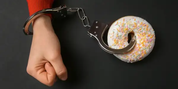 Ręka w kajdankach, połączona z pączkiem. Symbol walki z uzależnieniem od słodyczy.