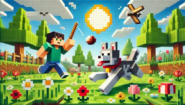 Chłopiec z psem w świecie Minecraft, szukający najlepszych nicków do Minecraft. Słońce, drzewa i kwiaty tworzą radosną scenerię.