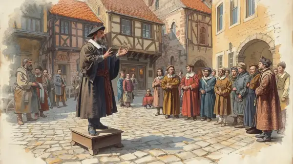 Mężczyzna w stroju z epoki przemawia do zgromadzonego tłumu na brukowanym placu. To scena jak z podręcznika historii, gdzie sztuka po łacinie mogła być częścią nauczania.