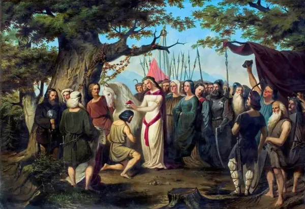 Kobieta w bieli klęka przed mężczyzną, symbolizując chrzest polski, data 966.