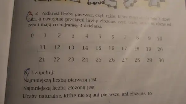 Tabela z liczbami od 0 do 30, z zaznaczonymi niektórymi liczbami.