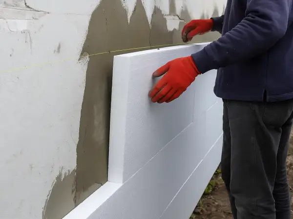 Pracownik w czerwonych rękawicach montuje płyty styropianowe do ściany, rozpoczynając ocieplanie elewacji.
