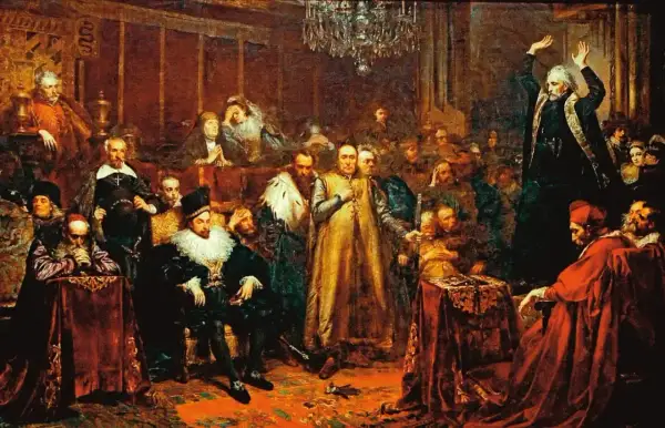 Kazania sejmowe streszczenie: Piotr Skarga przemawia do szlachty w sali sejmowej, wygłaszając płomienne kazanie.