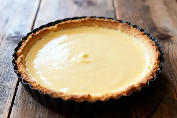 Un flan pâtissier grand-mère tout juste sorti du four, sa crème onctueuse et sa pâte dorée sur fond de bois rustique.