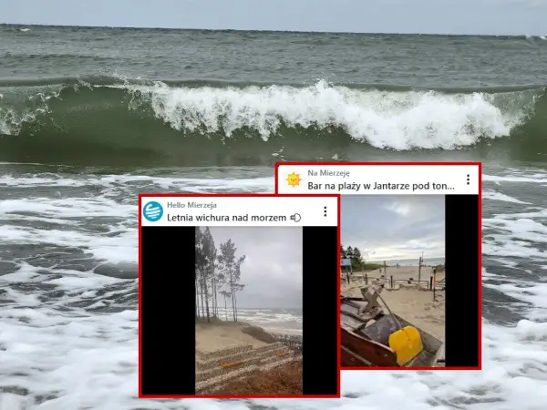 Fale rozbijają się o brzeg. Na ekranie widać fragmenty postów z Mierzei: letnia wichura i bar na plaży w Jantarze.