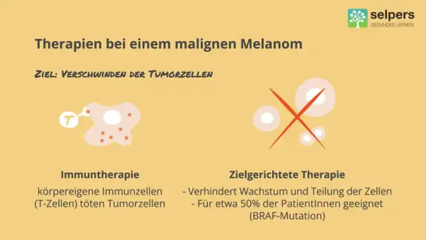 Illustrationen zeigen zwei Therapien gegen Melanom: Immuntherapie mit T-Zellen, die Tumorzellen angreifen, und zielgerichtete Therapie, die Zellwachstum stoppt.
