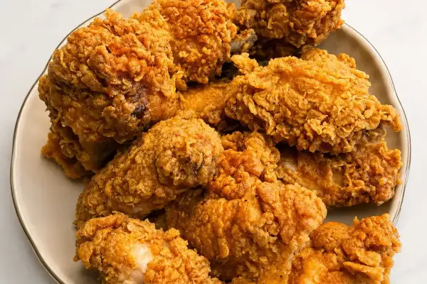 Talerz pełen chrupiących, złocistych kawałków kurczaka, jak z KFC. Idealne na rodzinny obiad.