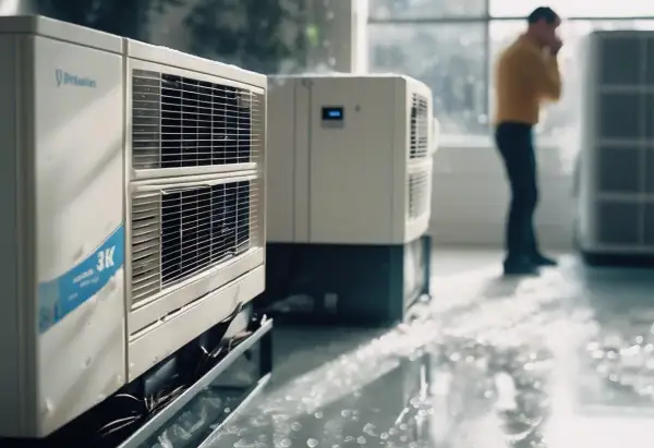 Fuite de gaz de clim. Un homme se tient près d'appareils de climatisation, le sol est mouillé.