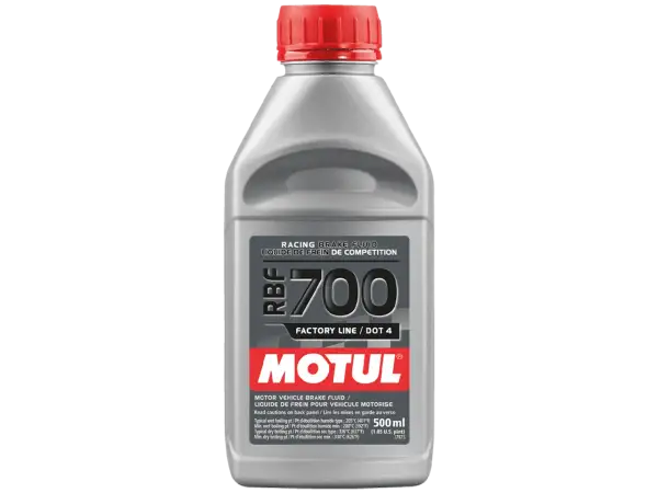 Bouteille de liquide de frein Motul RBF 700 DOT 4. Un choix idéal pour savoir quel liquide de frein choisir pour la compétition.