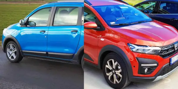 Dwa samochody Dacia, niebieski i czerwony, gotowe na rodzinne wycieczki. Dacia 7 osobowa to idealny wybór dla dużej rodziny.