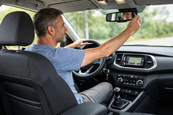 Uomo al volante regola lo specchietto, assicurandosi la corretta posizione di guida per un viaggio sicuro.