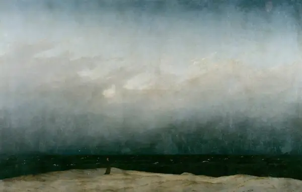 The wanderer painting depicts a solitary figure on a desolate shore, gazing out at a turbulent sea under a dramatic, cloudy sky.