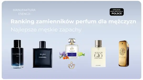 Ranking najlepszych męskich zapachów: Dior Sauvage, Chanel Bleu, Giorgio Armani Acqua di Gio i Paco Rabanne 1 Million.