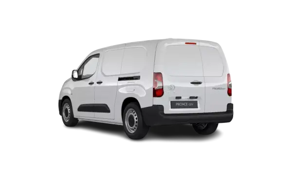 Biały Toyota Proace Long, wersja City, widziany z tyłu i z boku. Idealny do transportu towarów.