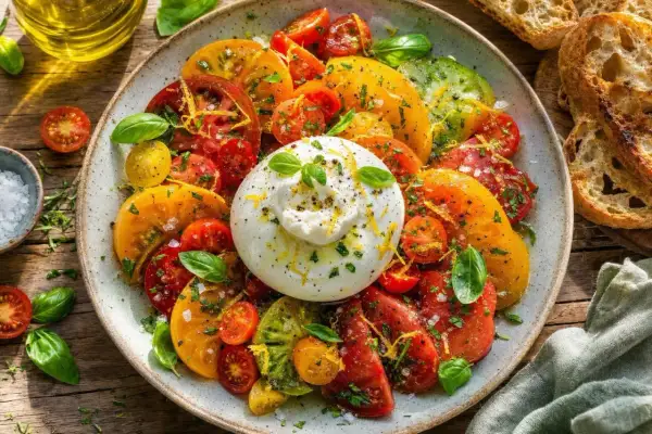 Une burrata crémeuse trône au milieu d'une salade colorée de tomates anciennes, de basilic frais et de zestes de citron. Une entrée parfaite pour l'été.